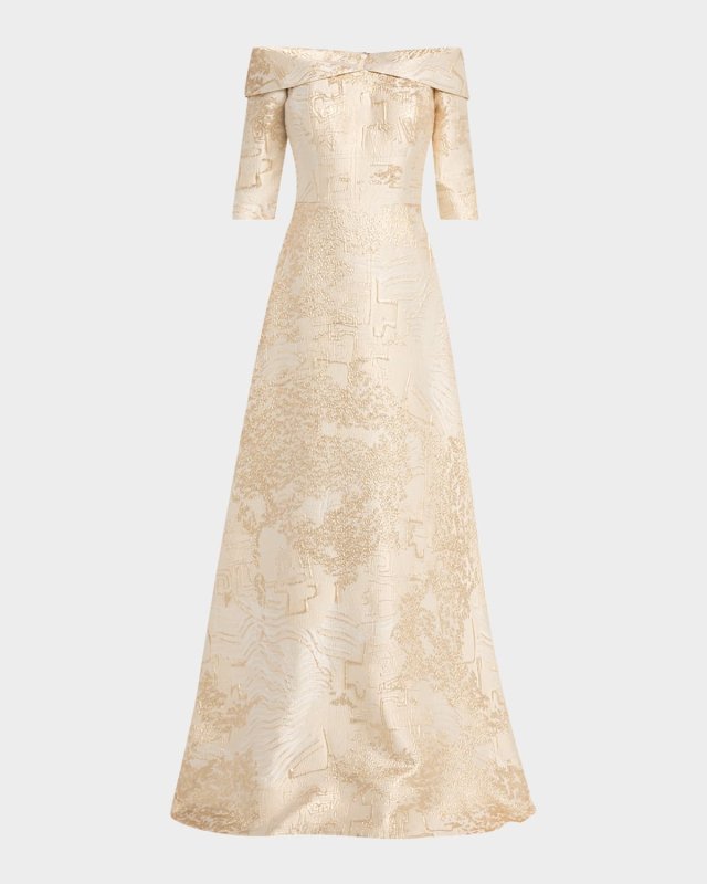Off-Shoulder Metallic Jacquard Gown